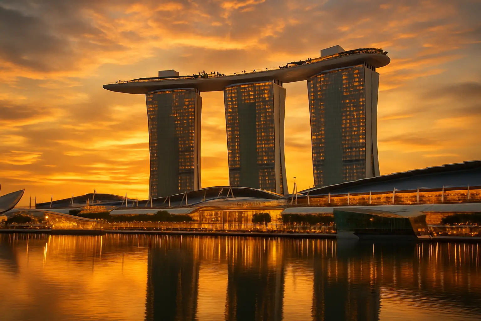 Marina Bay Sands towers and infinity pool at dusk